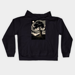 Lone Oak Tree Growing in a Dark Field Kids Hoodie